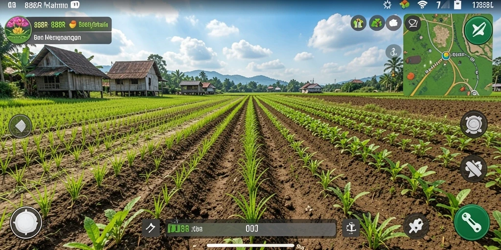Screenshot permainan 888R menampilkan aktivitas bertani yang seru.