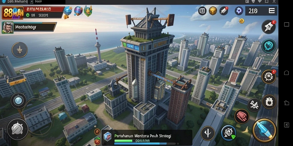 Screenshot gameplay Tower Defense menampilkan menara dan strategi bertahan.