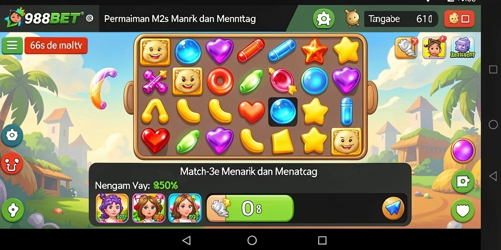 Screenshot gameplay 988BET menampilkan elemen Match-3 yang berwarna-warni dan menantang.
