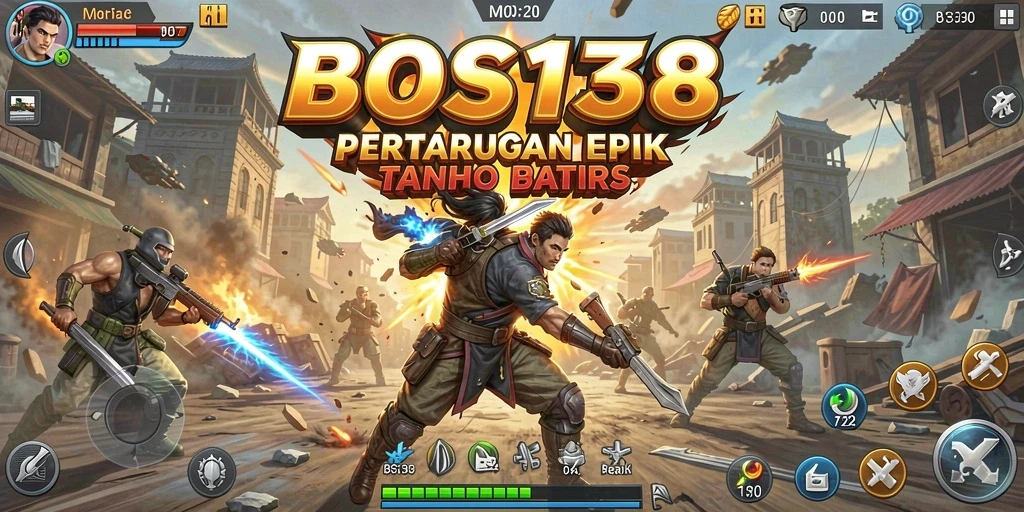 Tampilan gameplay <strong>BOS138</strong> menampilkan pertarungan dinamis dan karakter yang kuat.