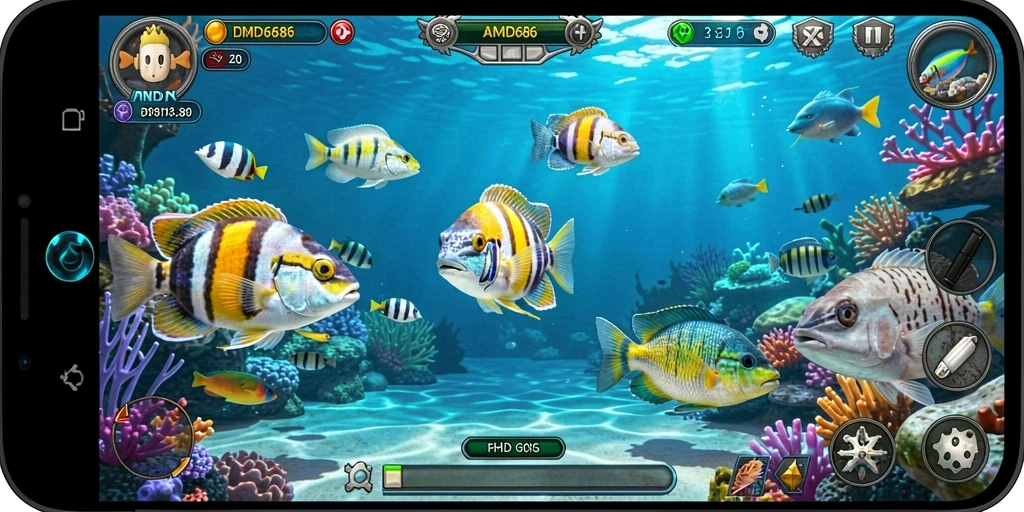Screenshot DMD686 menampilkan aksi menyerang ikan dengan senjata yang beragam.