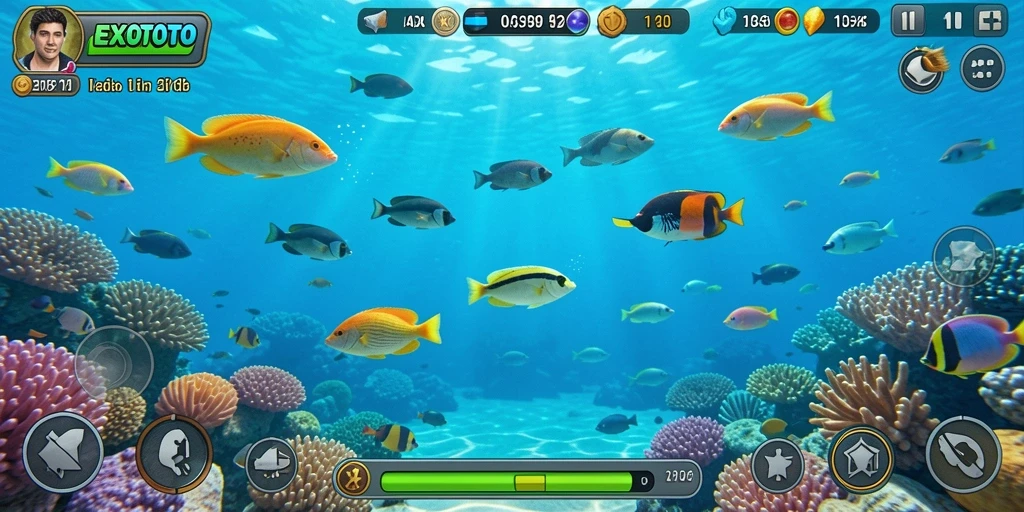 Tampilan gameplay menarik dalam EXOTOTO saat menangkap berbagai ikan.