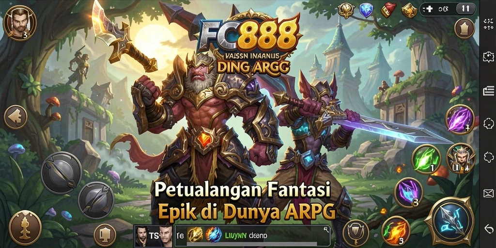 Tangkapan layar gameplay FC888 menunjukkan pertempuran mendebarkan dan dunia yang indah.
