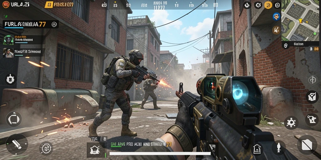 Tangkapan layar gameplay FURLA77 yang menampilkan pertempuran menegangkan dalam game FPS.