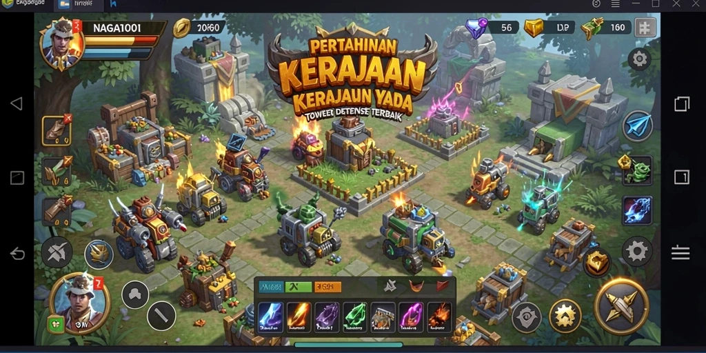 Screenshot gameplay NAGA1001 menunjukkan pertahanan tower yang epik.