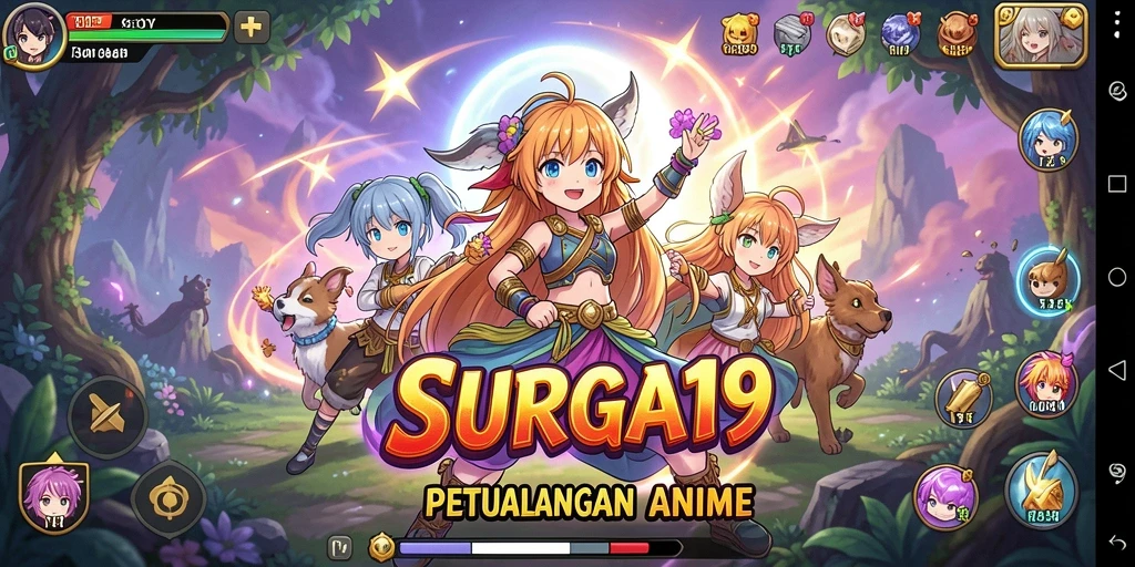 Gameplay seru SURGA19 dengan karakter anime yang penuh warna.