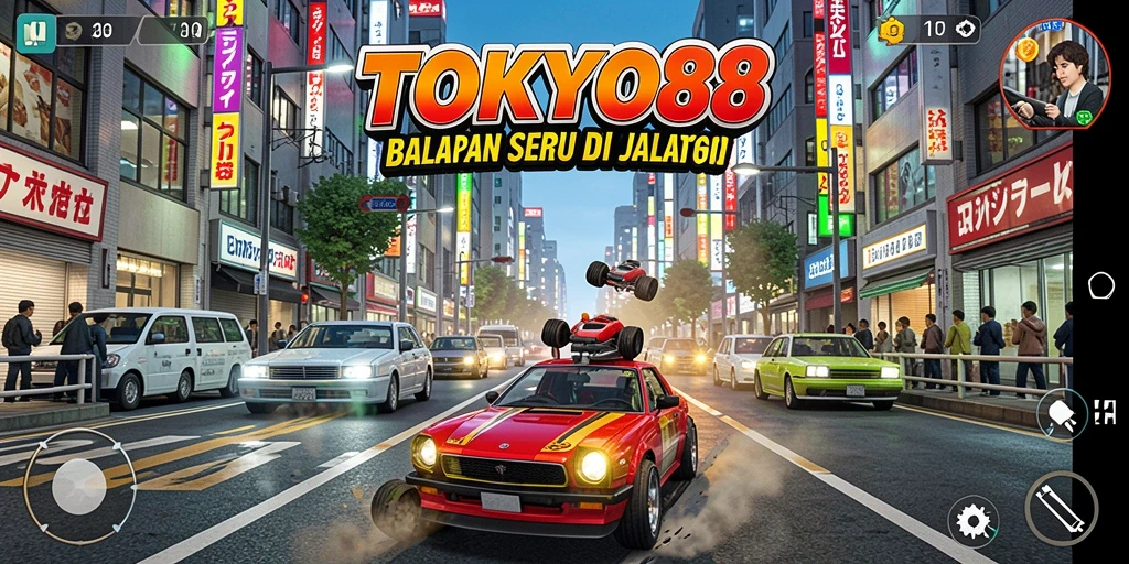Screenshot gameplay menampilkan balapan seru di jalanan Tokyo.