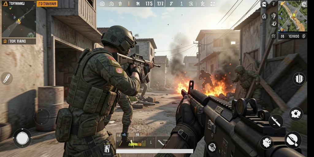Screenshot gameplay TOPIWANGI dengan aksi tembak-menembak yang seru.