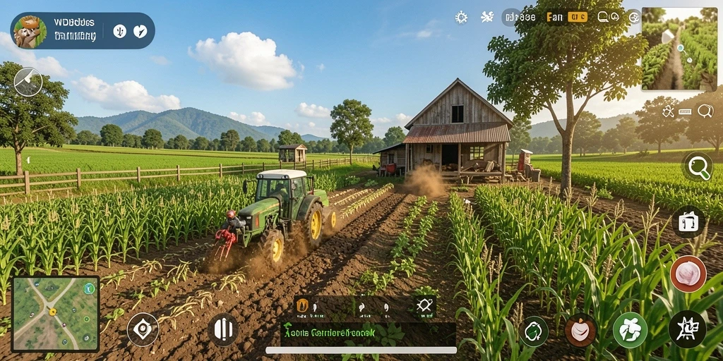 Screenshot gameplay WDBOS menampilkan kebun yang rimbun dan hewan ternak.